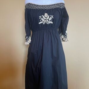 Lucky Brand Navy Off-Shoulder Midi Dress with Cream Embroidery